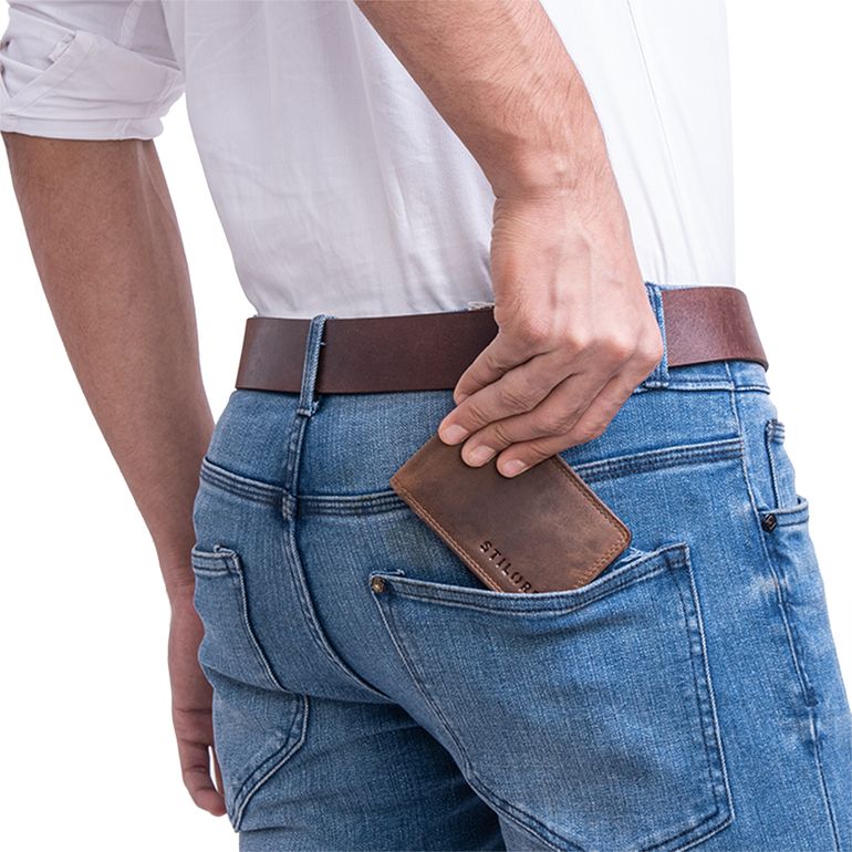STILORD Sander Mini Billetera Hombre Cuero Vintage Elegante Cartera con Monedero Pequeña Tarjetero RFID Wallet Portamonete de Auténtica Piel Color:Kara - Cognac