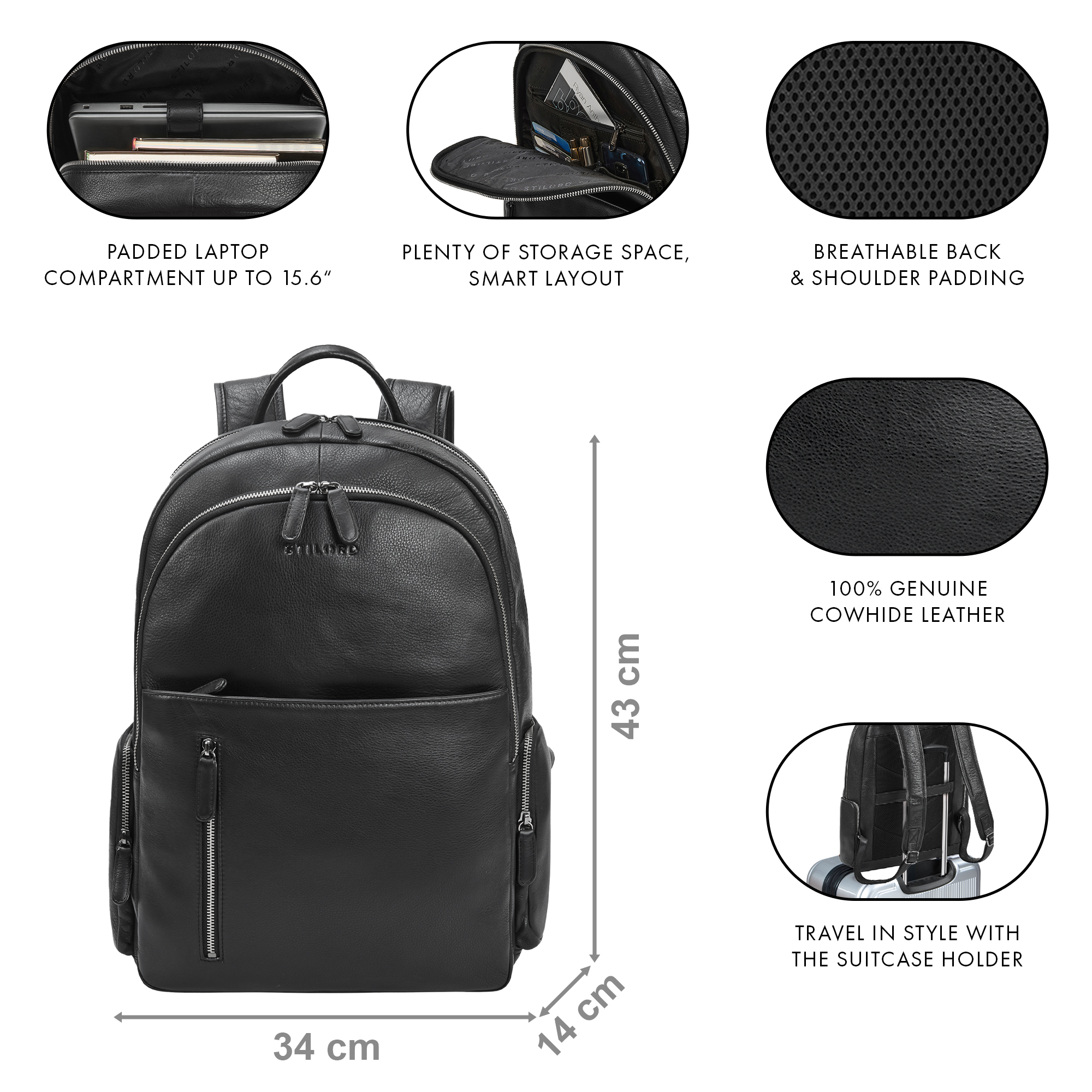 Rio" Premium Leather Backpack 15.6 Inch Laptop Compartment for Men | STILORD