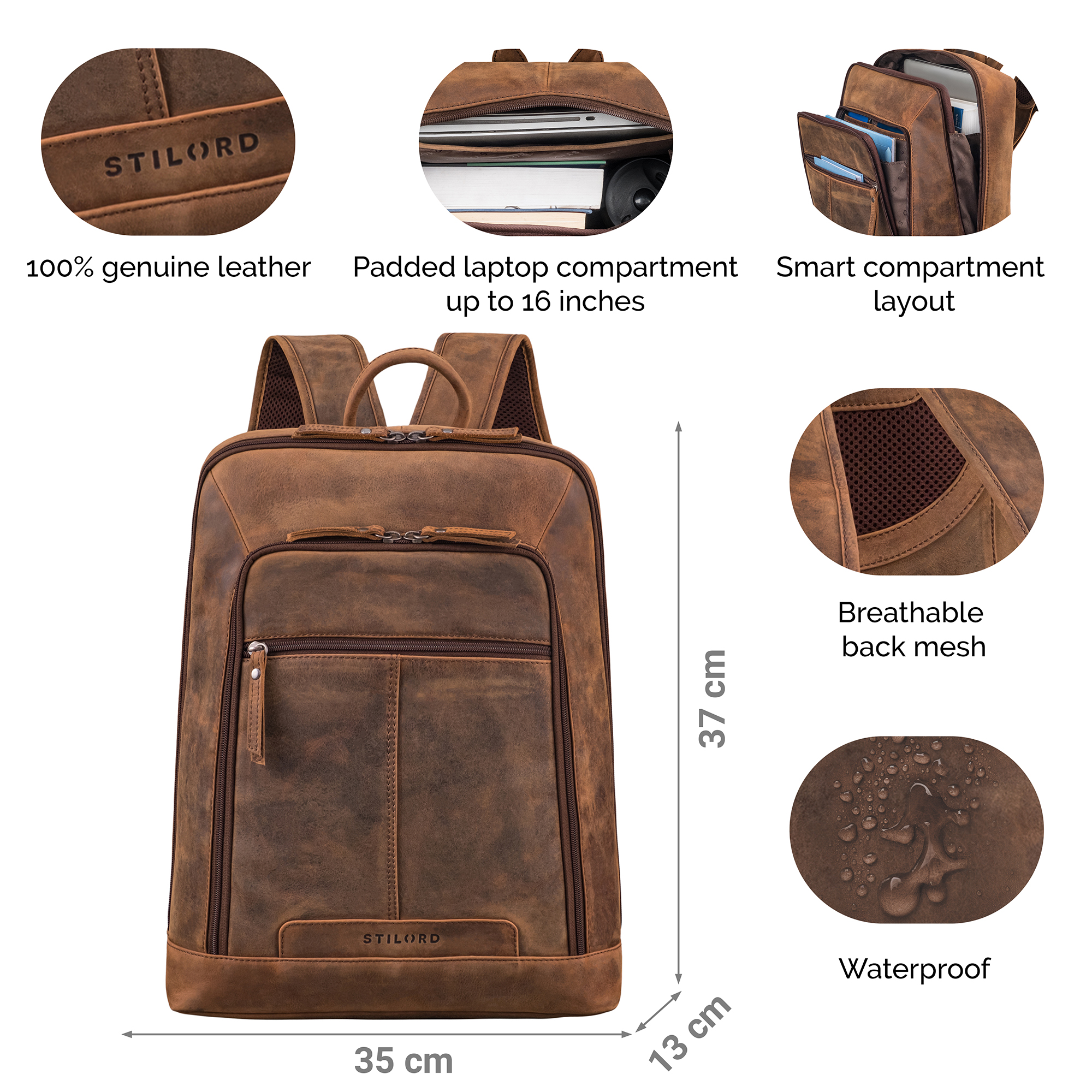 Giulio" Elegant Mens Leather Rucksack 15.6 - 16 Inch Laptop Backpack |  STILORD