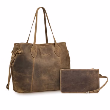 "Camelia" 2-Dele Shopper Taske Dame Stor Ægte Læder med Clutch